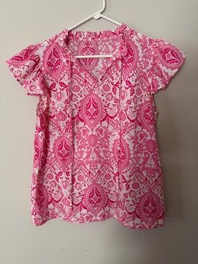 SHEIN Pink Floral-Pattern Short Flutter Sleeve Blouse